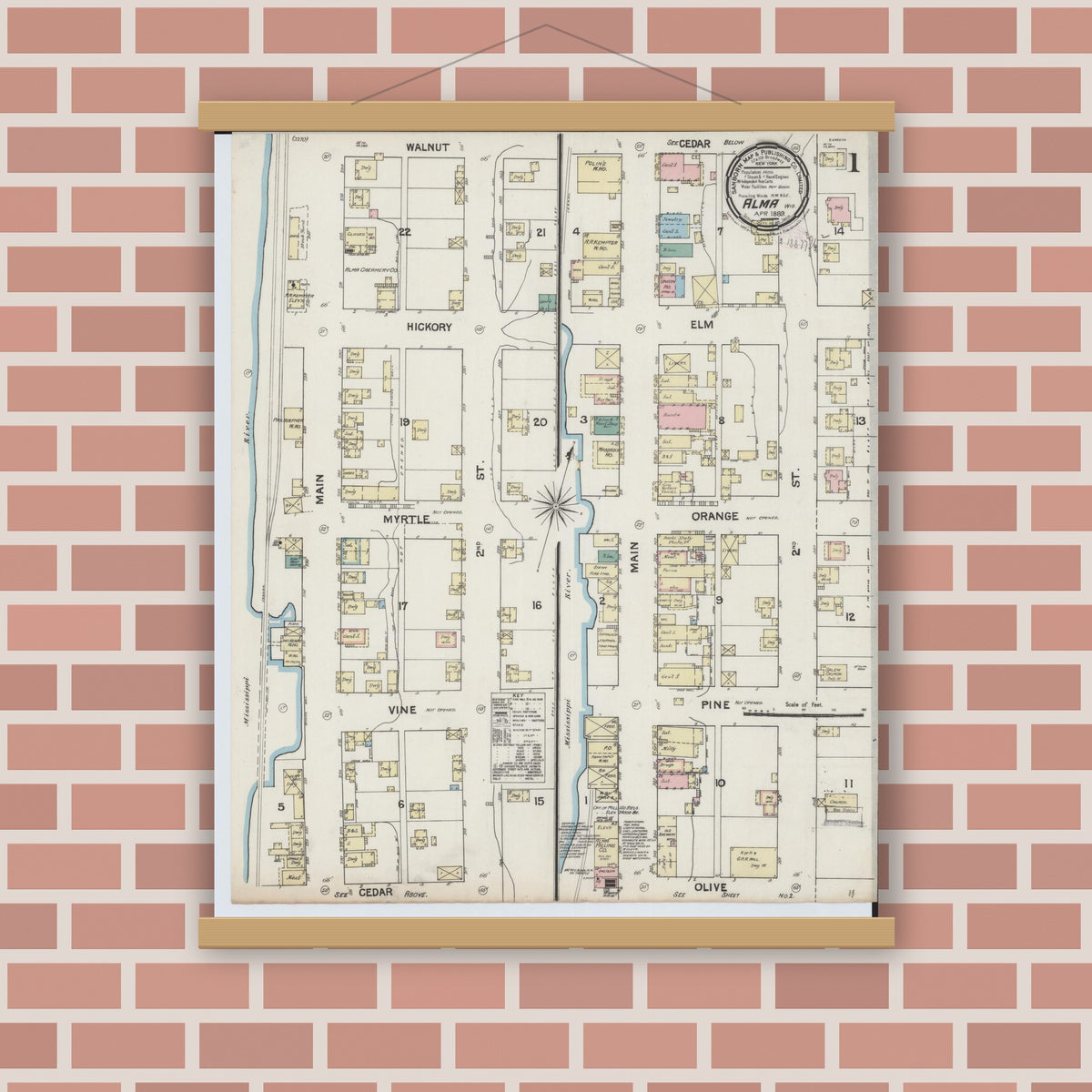 Old map wall art mockup — magnetic wood frame on brick wall — Sanborn Fire Insurance Map from Alma, Buffalo County, Wisconsin (1889) - Complete Map Set