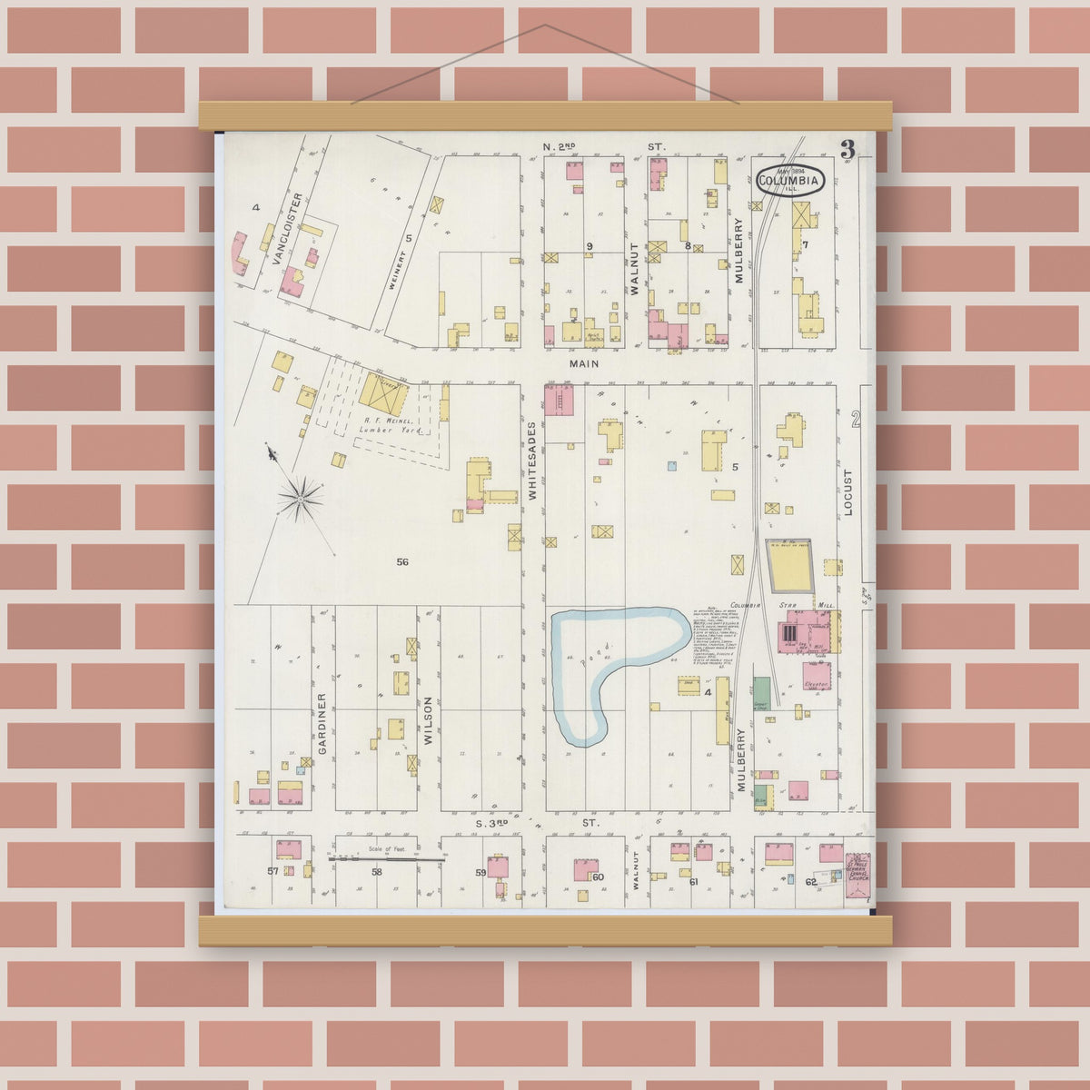 Old map wall art mockup — magnetic wood frame on brick wall — Sanborn Fire Insurance Map from Columbia, Monroe County, Illinois (1894), Sheet #0003