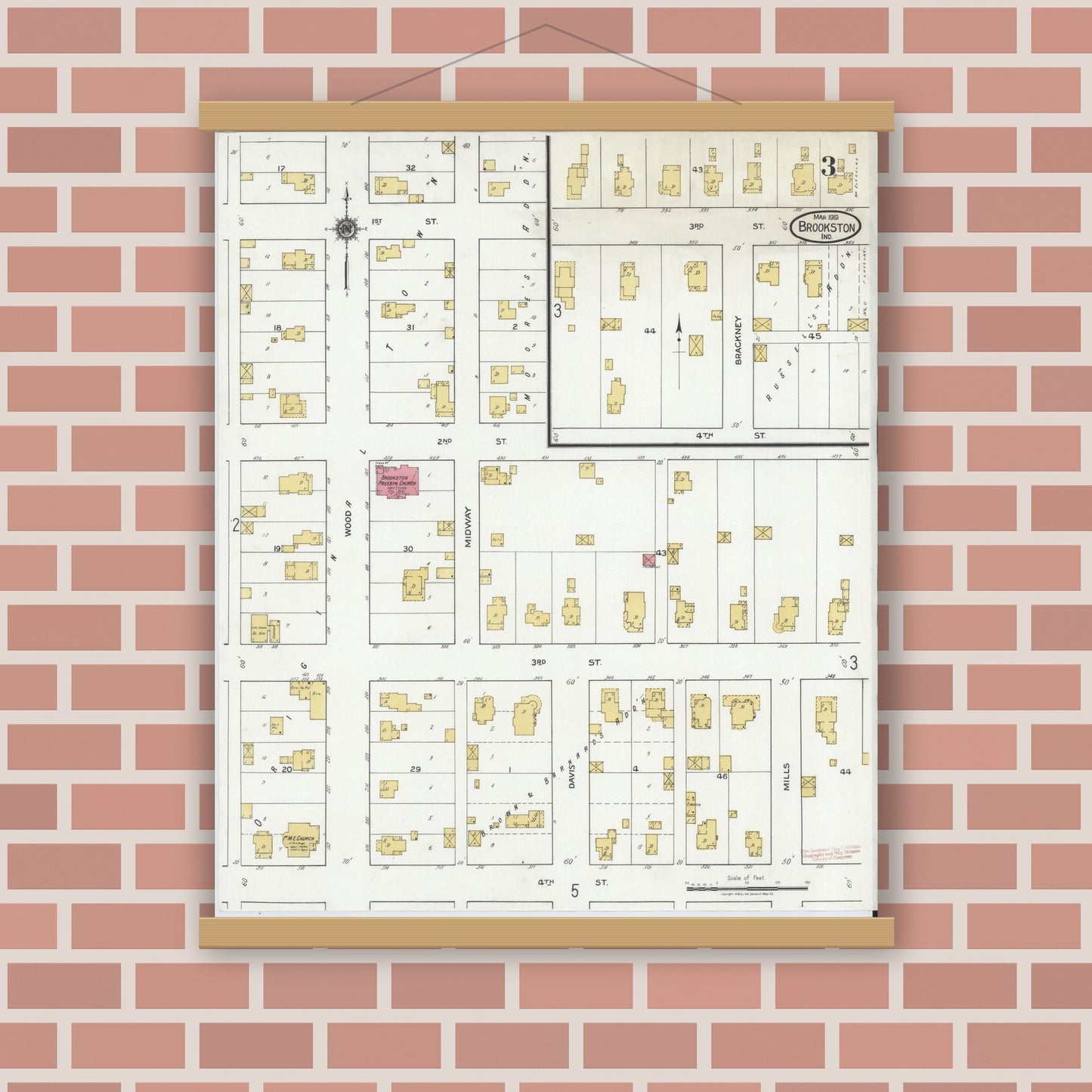 Old map wall art mockup — magnetic wood frame on brick wall — Sanborn Fire Insurance Map from Brookston, White County, Indiana (1919), Sheet #0003