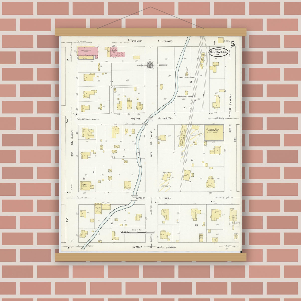 Old map wall art mockup — magnetic wood frame on brick wall — Sanborn Fire Insurance Map from Huntsville, Walker County, Texas (1912), Sheet #0005