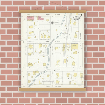 Old map wall art mockup — magnetic wood frame on brick wall — Sanborn Fire Insurance Map from Huntsville, Walker County, Texas (1912), Sheet #0005