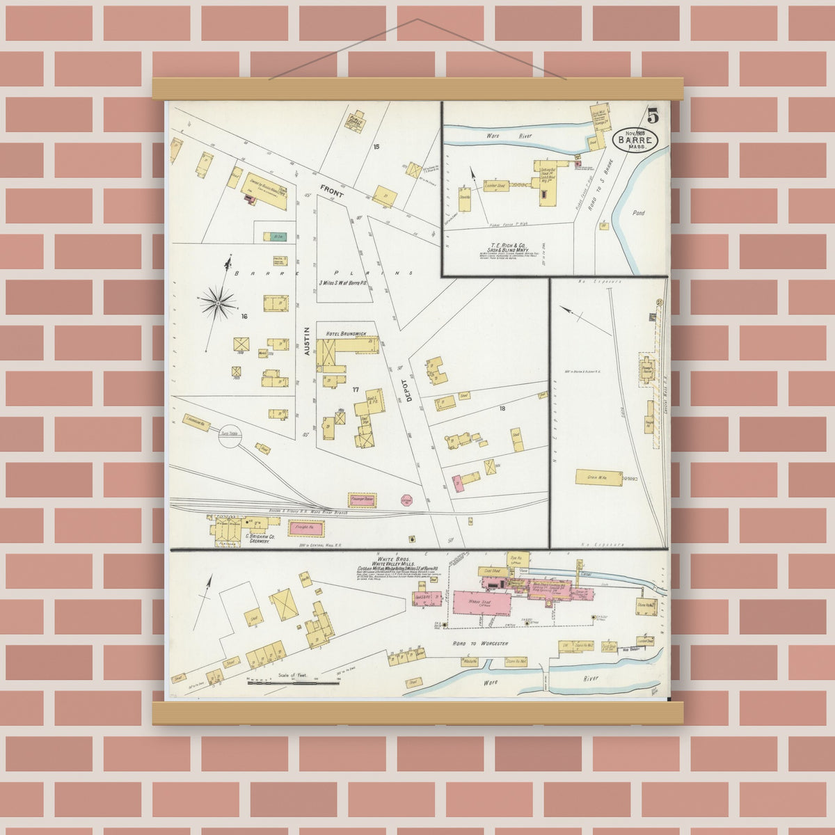 Old map wall art mockup — magnetic wood frame on brick wall — Sanborn Fire Insurance Map from Barre, Worcester County, Massachusetts (1905), Sheet #0005