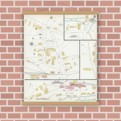 Old map wall art mockup — magnetic wood frame on brick wall — Sanborn Fire Insurance Map from Barre, Worcester County, Massachusetts (1905), Sheet #0005