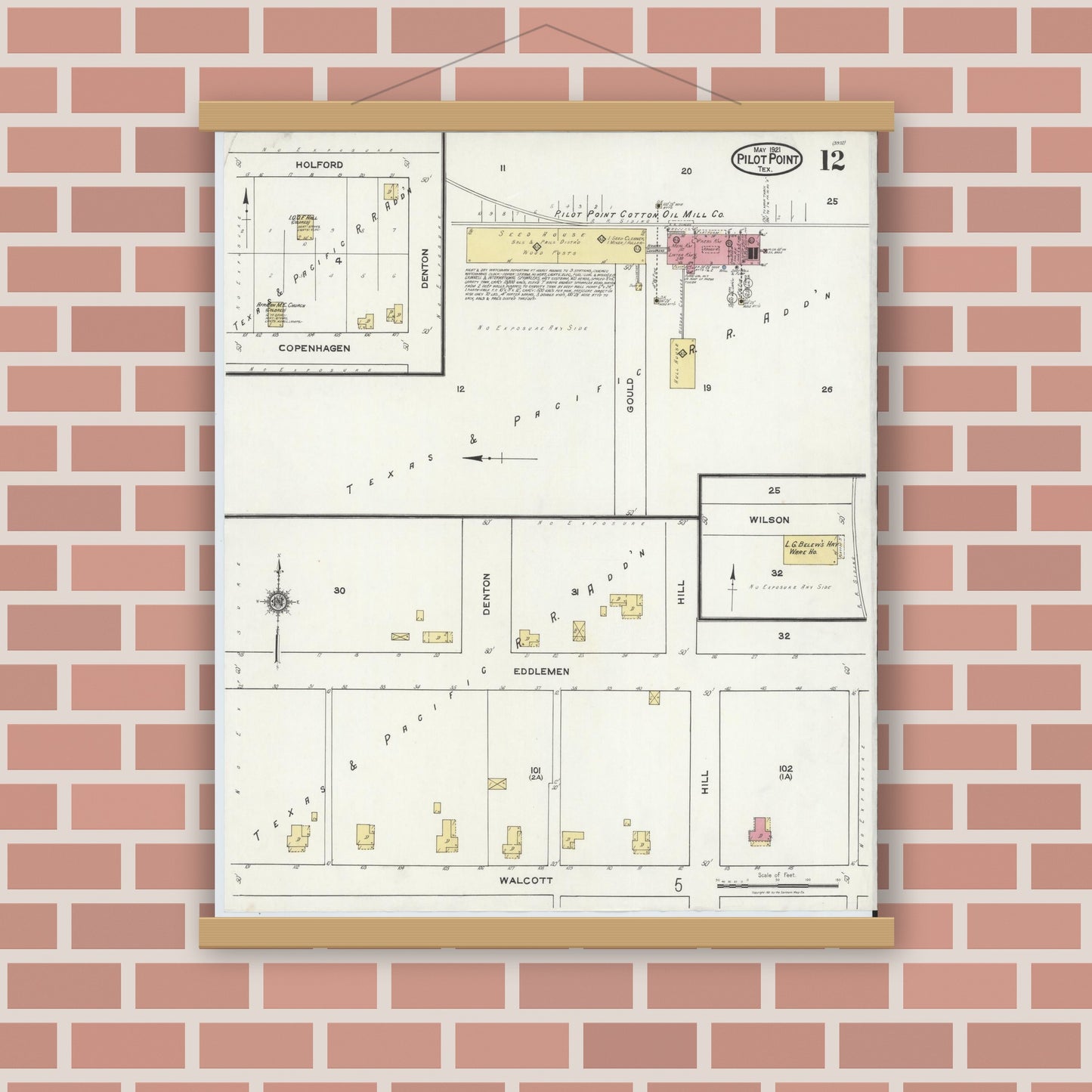 Old map wall art mockup — magnetic wood frame on brick wall — Sanborn Fire Insurance Map from Pilot Point, Denton County, Texas (1921), Sheet #0012
