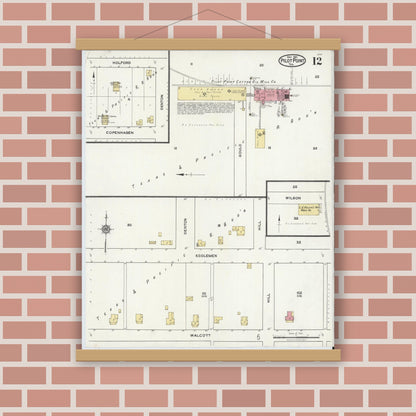 Old map wall art mockup — magnetic wood frame on brick wall — Sanborn Fire Insurance Map from Pilot Point, Denton County, Texas (1921), Sheet #0012