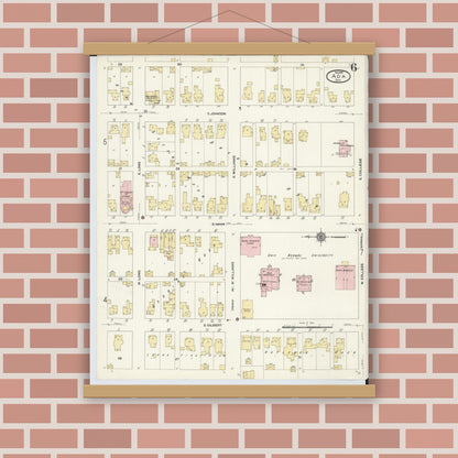 Old map wall art mockup — magnetic wood frame on brick wall — Sanborn Fire Insurance Map from Ada, Hardin County, Ohio (1910), Sheet #0006