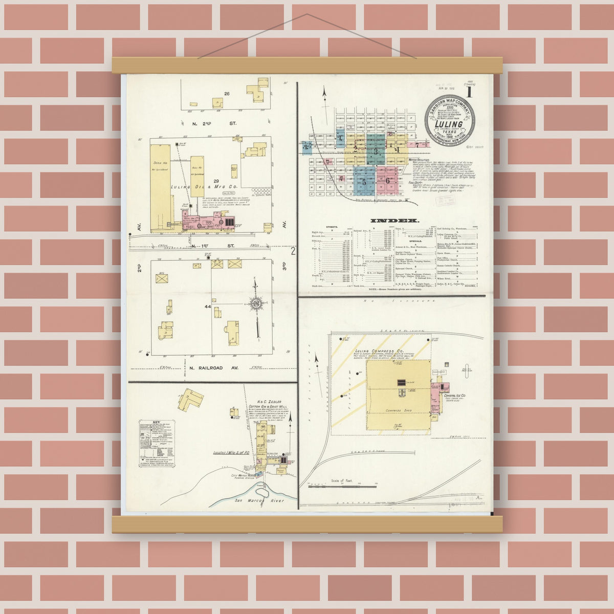 Old map wall art mockup — magnetic wood frame on brick wall — Sanborn Fire Insurance Map from Luling, Caldwell County, Texas (1912) - Complete Map Set