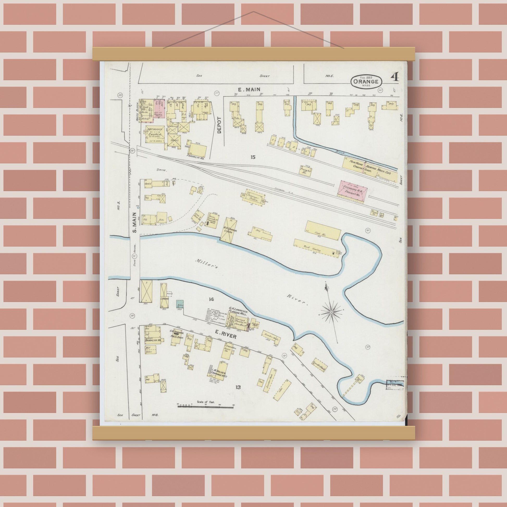 Old map wall art mockup — magnetic wood frame on brick wall — Sanborn Fire Insurance Map from Orange, Franklin County, Massachusetts (1889), Sheet #0004