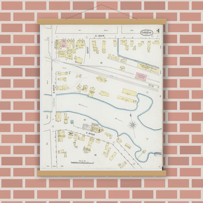 Old map wall art mockup — magnetic wood frame on brick wall — Sanborn Fire Insurance Map from Orange, Franklin County, Massachusetts (1889), Sheet #0004