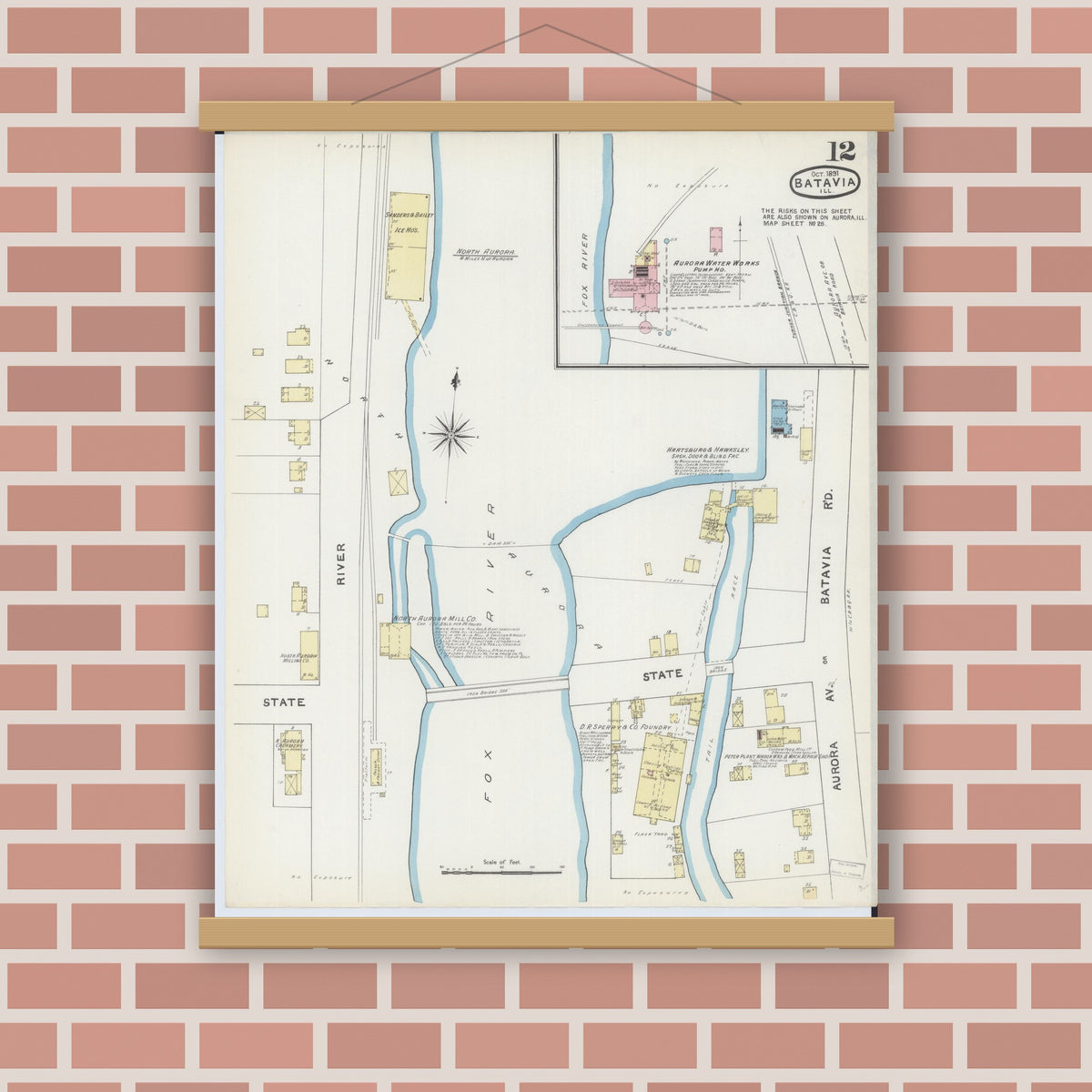 Old map wall art mockup — magnetic wood frame on brick wall — Sanborn Fire Insurance Map from Batavia, Kane County, Illinois (1891), Sheet #0012