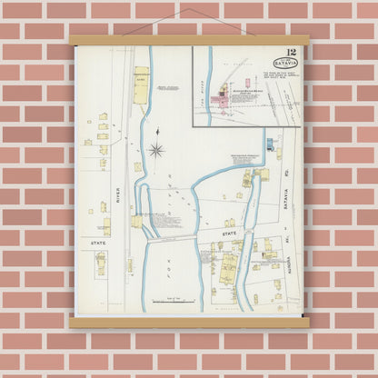 Old map wall art mockup — magnetic wood frame on brick wall — Sanborn Fire Insurance Map from Batavia, Kane County, Illinois (1891), Sheet #0012