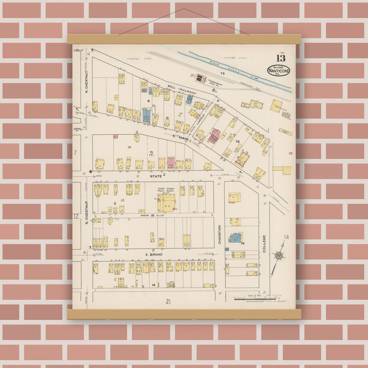 Old map wall art mockup — magnetic wood frame on brick wall — Sanborn Fire Insurance Map from Nanticoke, Luzerne County, Pennsylvania (1920), Sheet #0013