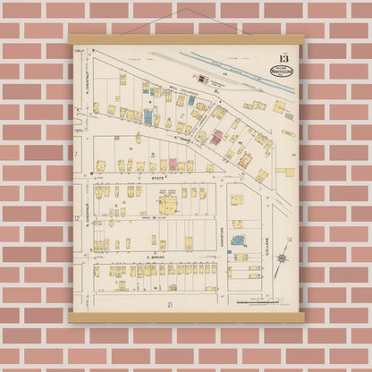 Old map wall art mockup — magnetic wood frame on brick wall — Sanborn Fire Insurance Map from Nanticoke, Luzerne County, Pennsylvania (1920), Sheet #0013