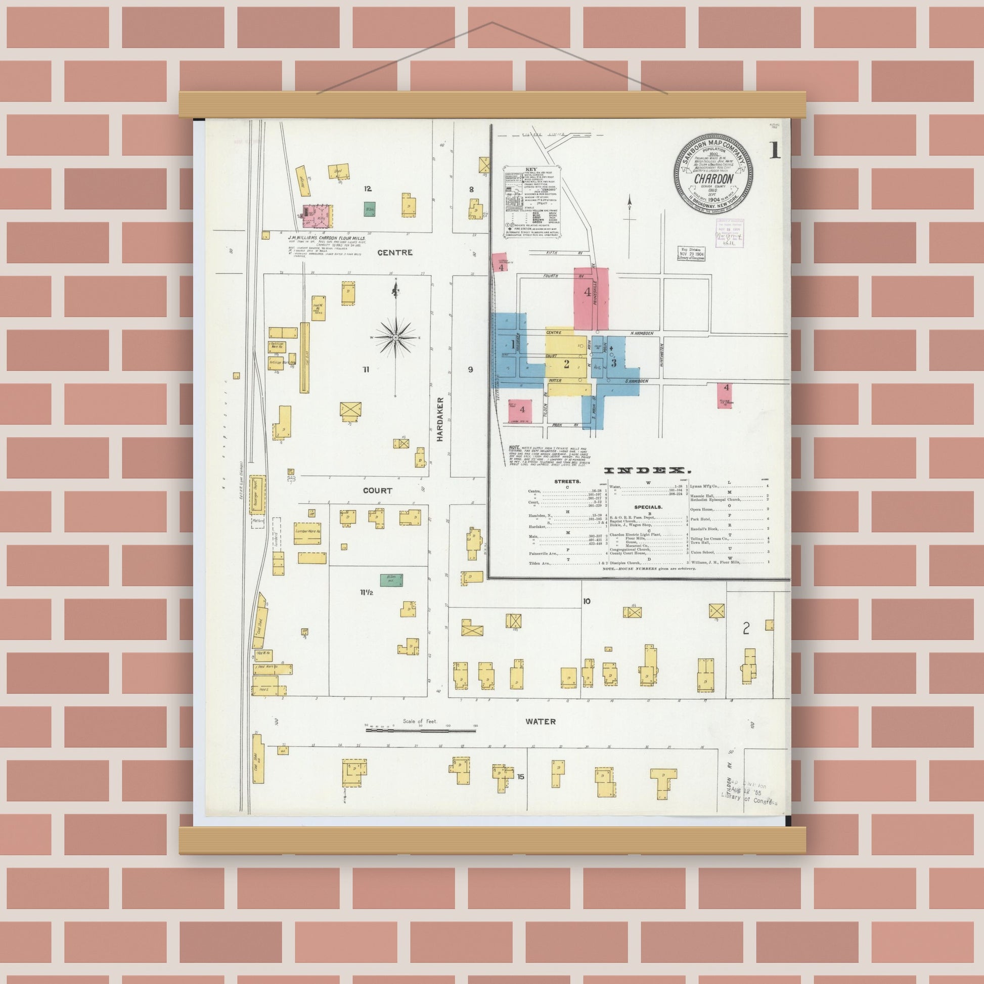 Old map wall art mockup — magnetic wood frame on brick wall — Sanborn Fire Insurance Map from Chardon, Geauga County, Ohio (1904), Sheet #0001