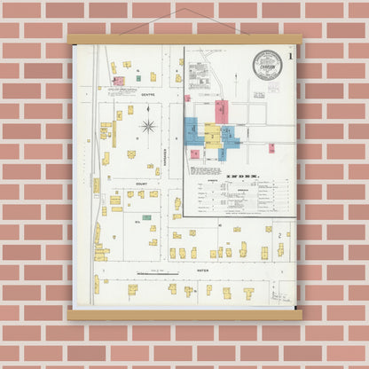 Old map wall art mockup — magnetic wood frame on brick wall — Sanborn Fire Insurance Map from Chardon, Geauga County, Ohio (1904), Sheet #0001