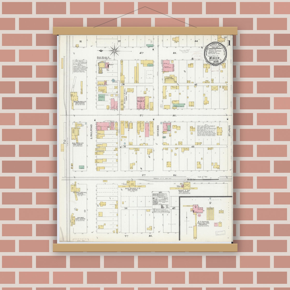 Old map wall art mockup — magnetic wood frame on brick wall — Sanborn Fire Insurance Map from Minier, Tazewell County, Illinois (1899), Sheet #0001