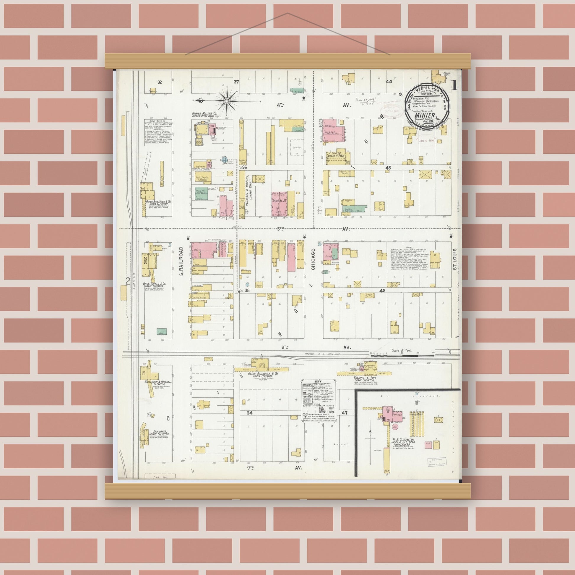 Old map wall art mockup — magnetic wood frame on brick wall — Sanborn Fire Insurance Map from Minier, Tazewell County, Illinois (1899), Sheet #0001