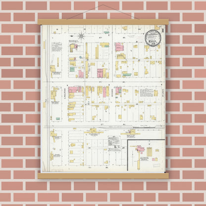 Old map wall art mockup — magnetic wood frame on brick wall — Sanborn Fire Insurance Map from Minier, Tazewell County, Illinois (1899), Sheet #0001