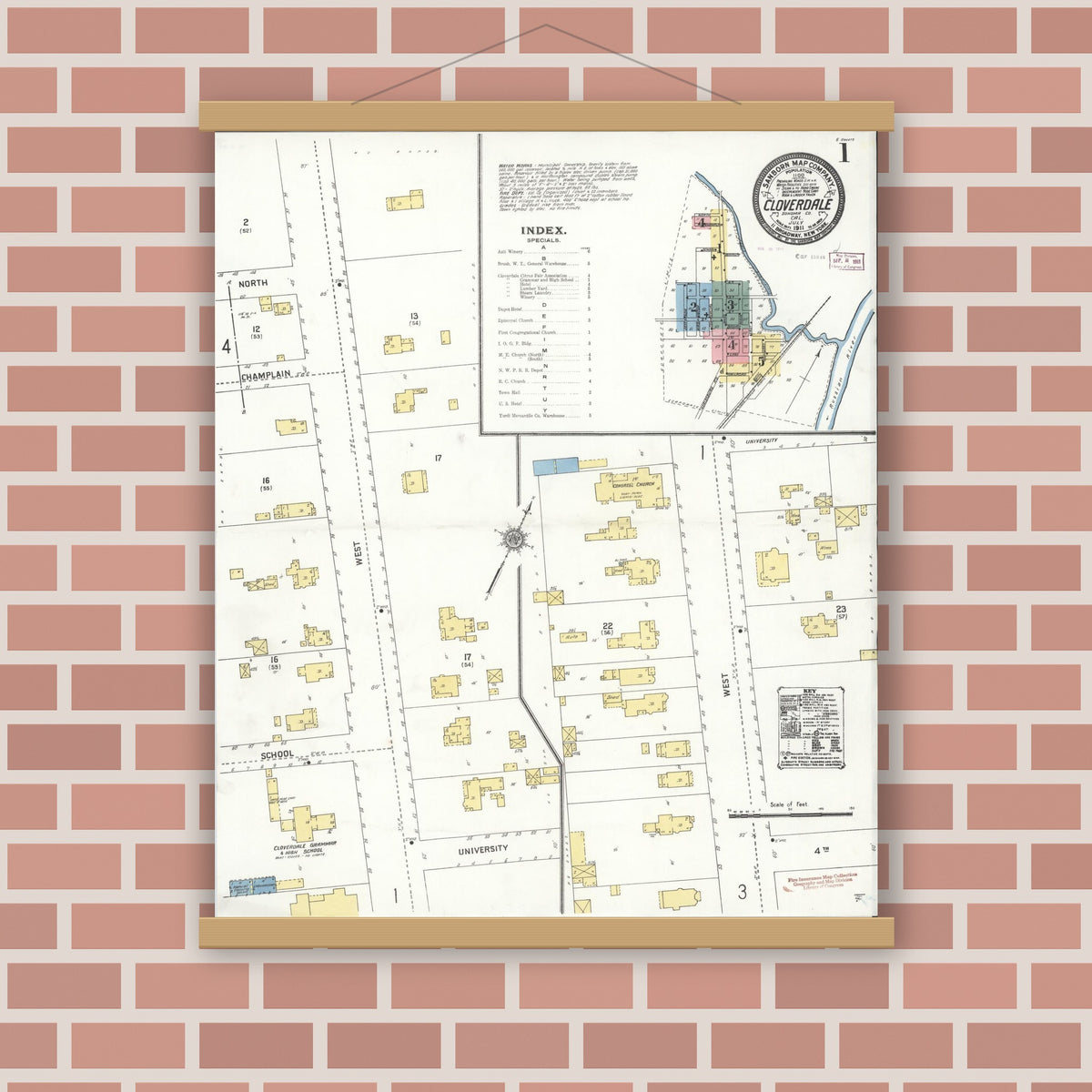 Old map wall art mockup — magnetic wood frame on brick wall — Sanborn Fire Insurance Map from Cloverdale, Sonoma County, California (1911), Sheet #0001