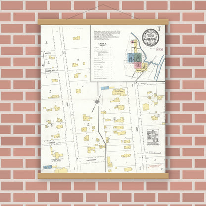 Old map wall art mockup — magnetic wood frame on brick wall — Sanborn Fire Insurance Map from Cloverdale, Sonoma County, California (1911), Sheet #0001