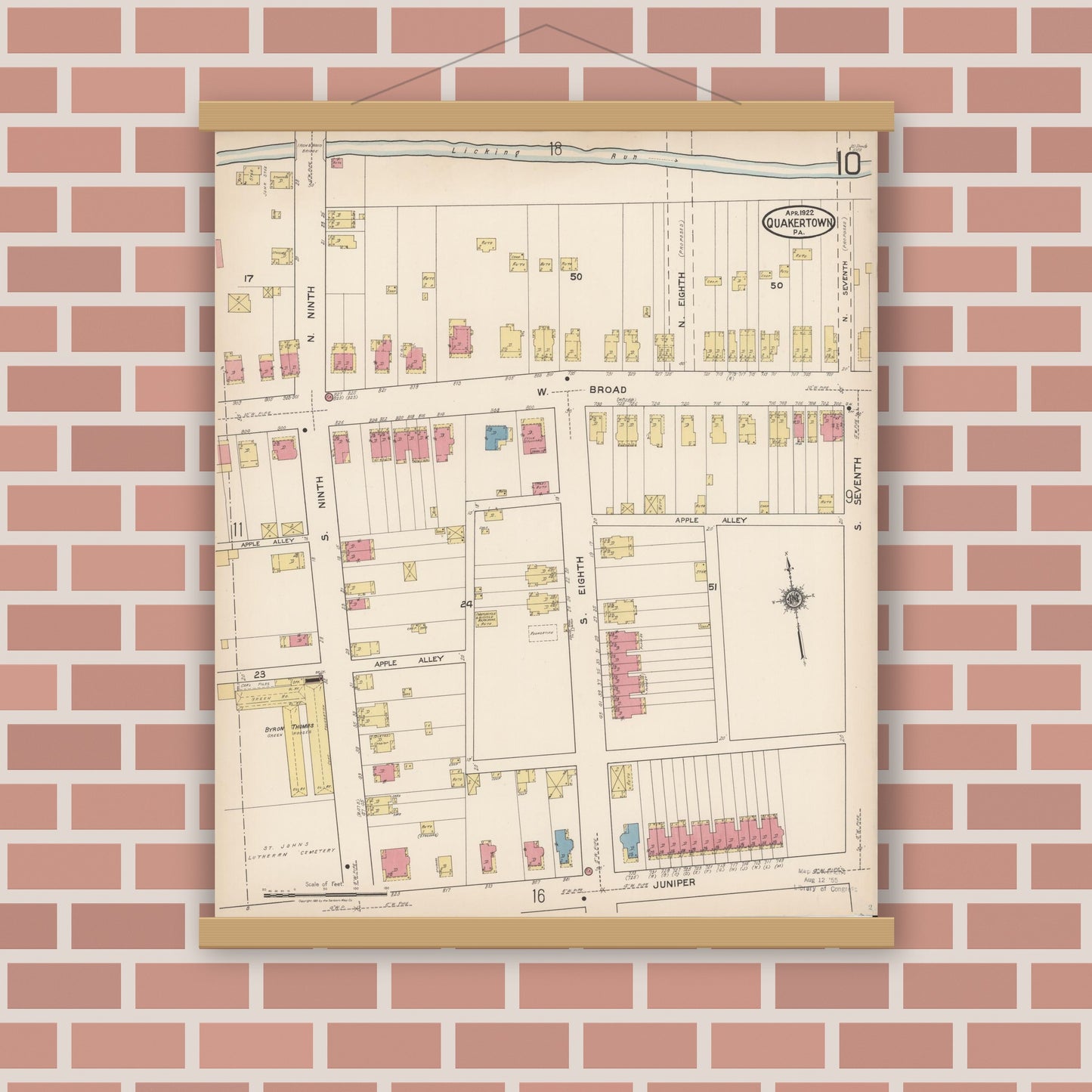 Old map wall art mockup — magnetic wood frame on brick wall — Sanborn Fire Insurance Map from Quakertown, Bucks County, Pennsylvania (1922), Sheet #0010
