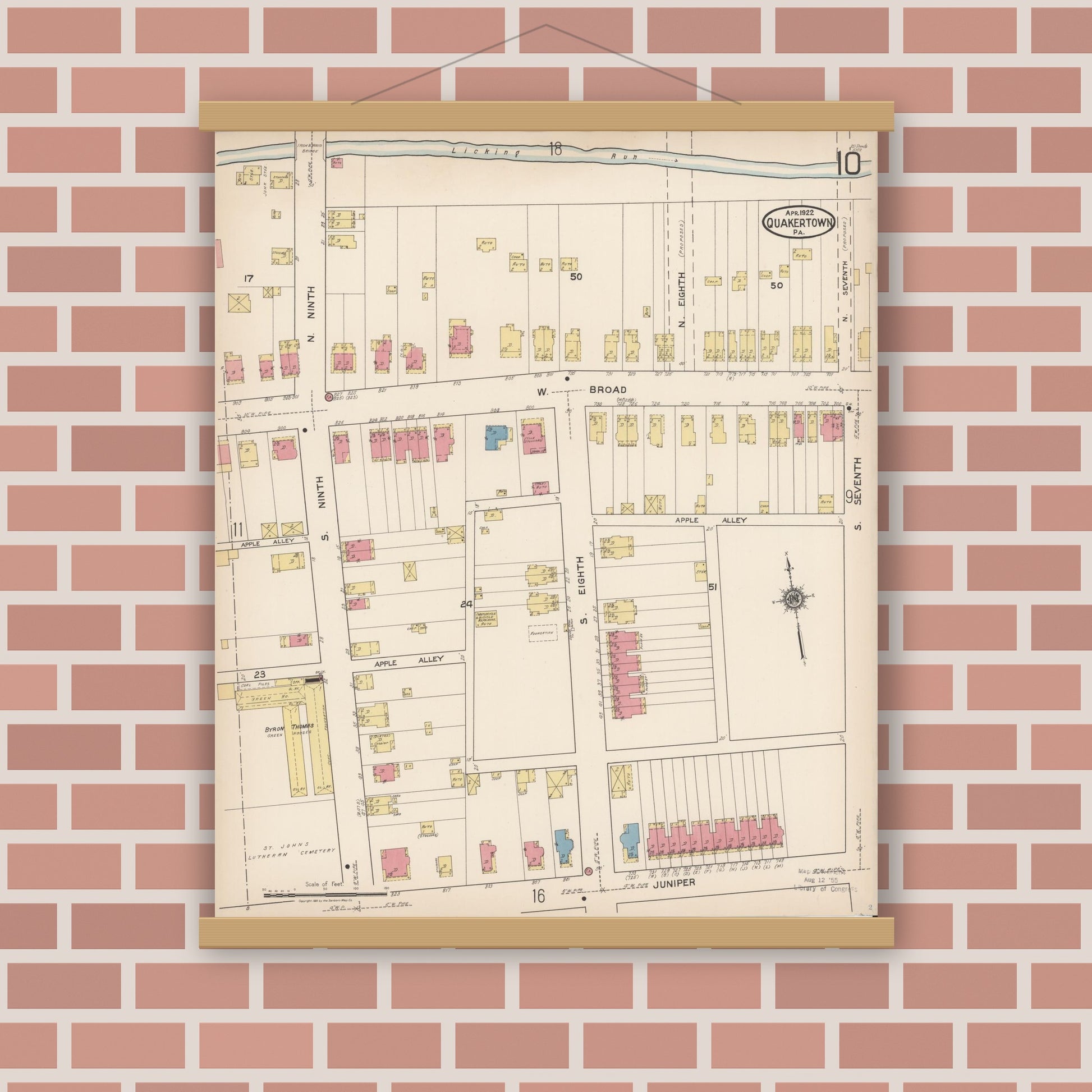 Old map wall art mockup — magnetic wood frame on brick wall — Sanborn Fire Insurance Map from Quakertown, Bucks County, Pennsylvania (1922), Sheet #0010