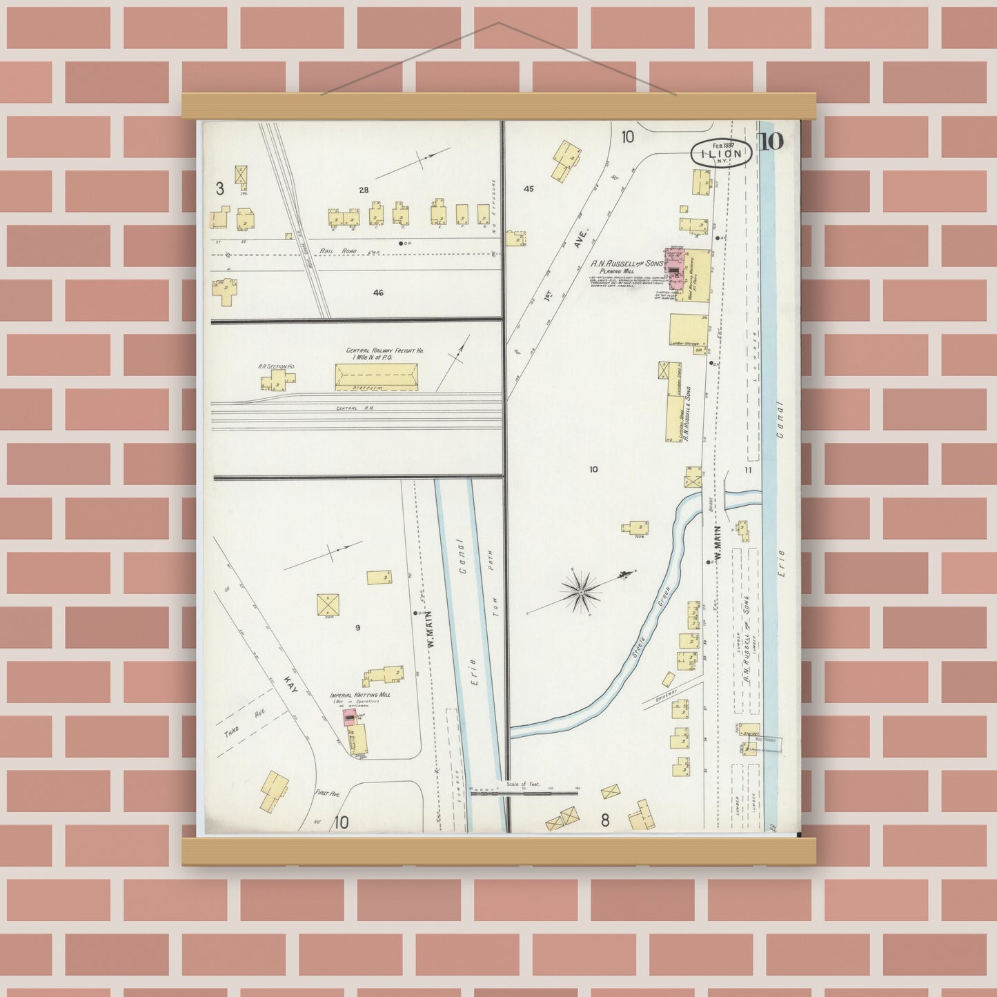 Old map wall art mockup — magnetic wood frame on brick wall — Sanborn Fire Insurance Map from Ilion, Herkimer County, New York (1897), Sheet #0010