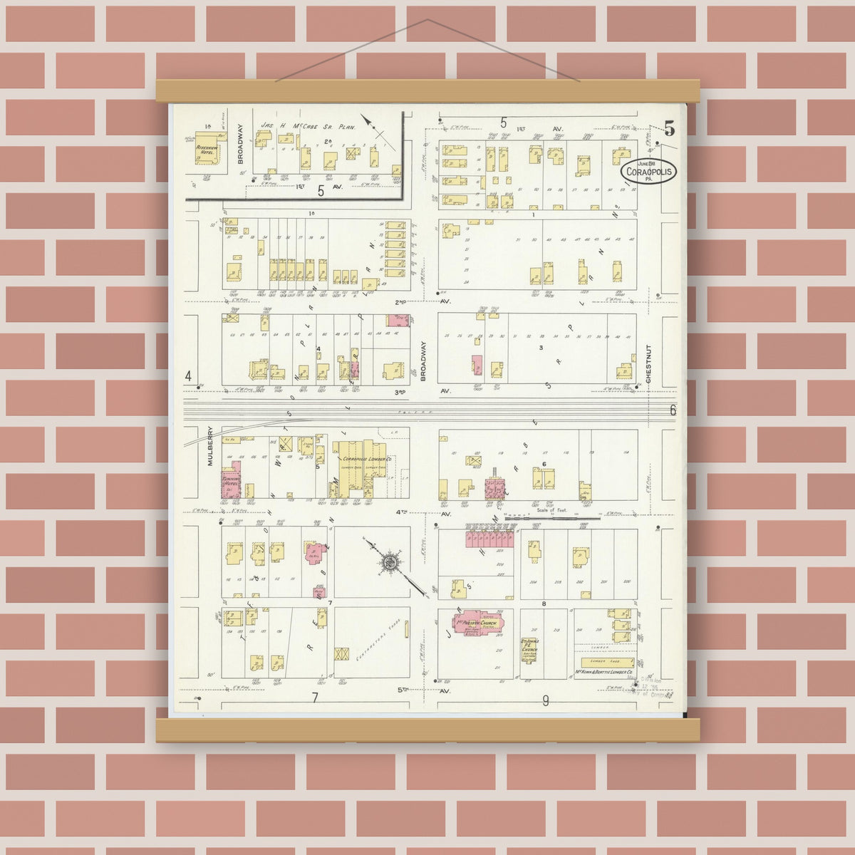 Old map wall art mockup — magnetic wood frame on brick wall — Sanborn Fire Insurance Map from Coraopolis, Allegheny County, Pennsylvania (1911), Sheet #0005