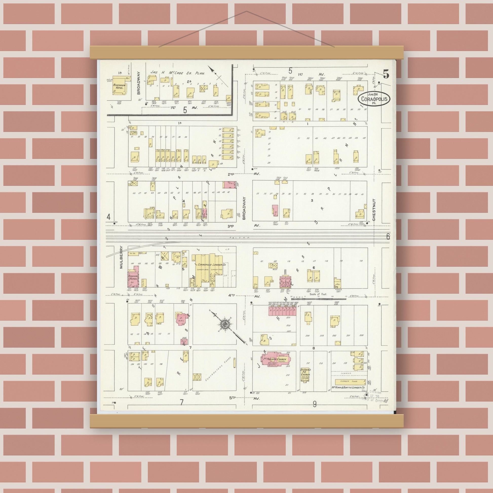 Old map wall art mockup — magnetic wood frame on brick wall — Sanborn Fire Insurance Map from Coraopolis, Allegheny County, Pennsylvania (1911), Sheet #0005