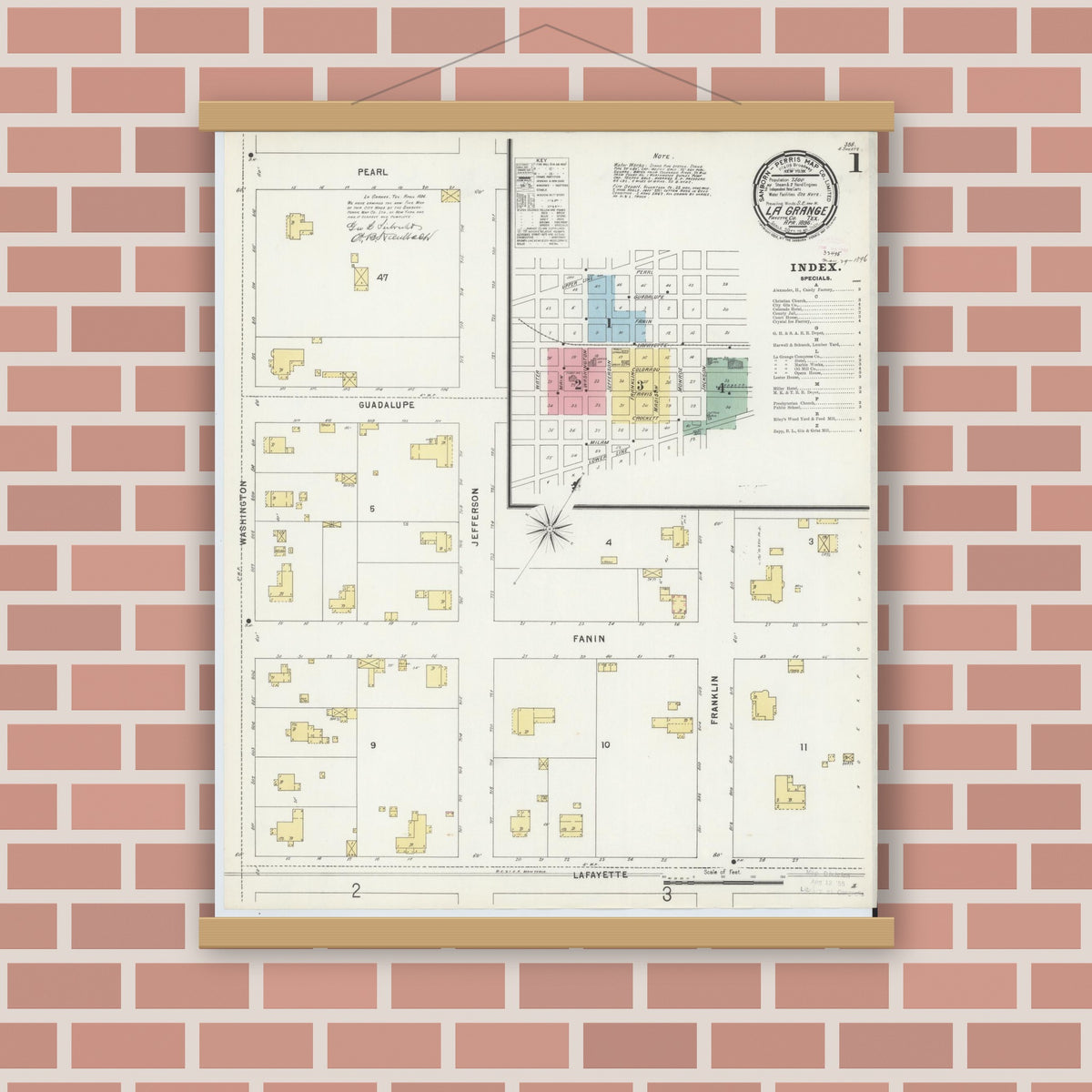 Old map wall art mockup — magnetic wood frame on brick wall — Sanborn Fire Insurance Map from La Grange, Fayette County, Texas (1896) - Complete Map Set
