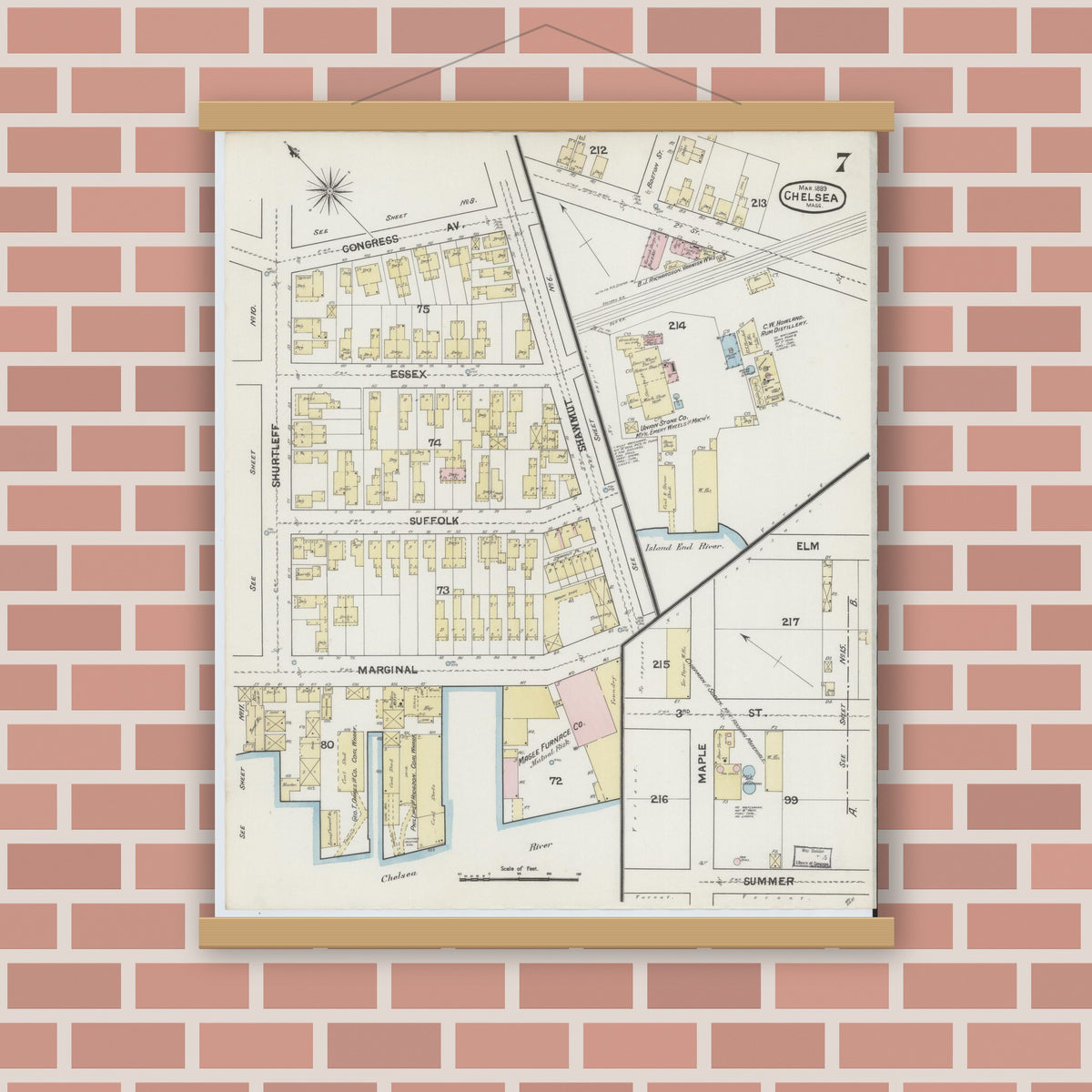 Old map wall art mockup — magnetic wood frame on brick wall — Sanborn Fire Insurance Map from Chelsea, Suffolk County, Massachusetts (1889), Sheet #0007