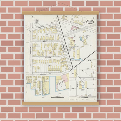 Old map wall art mockup — magnetic wood frame on brick wall — Sanborn Fire Insurance Map from Chelsea, Suffolk County, Massachusetts (1889), Sheet #0007