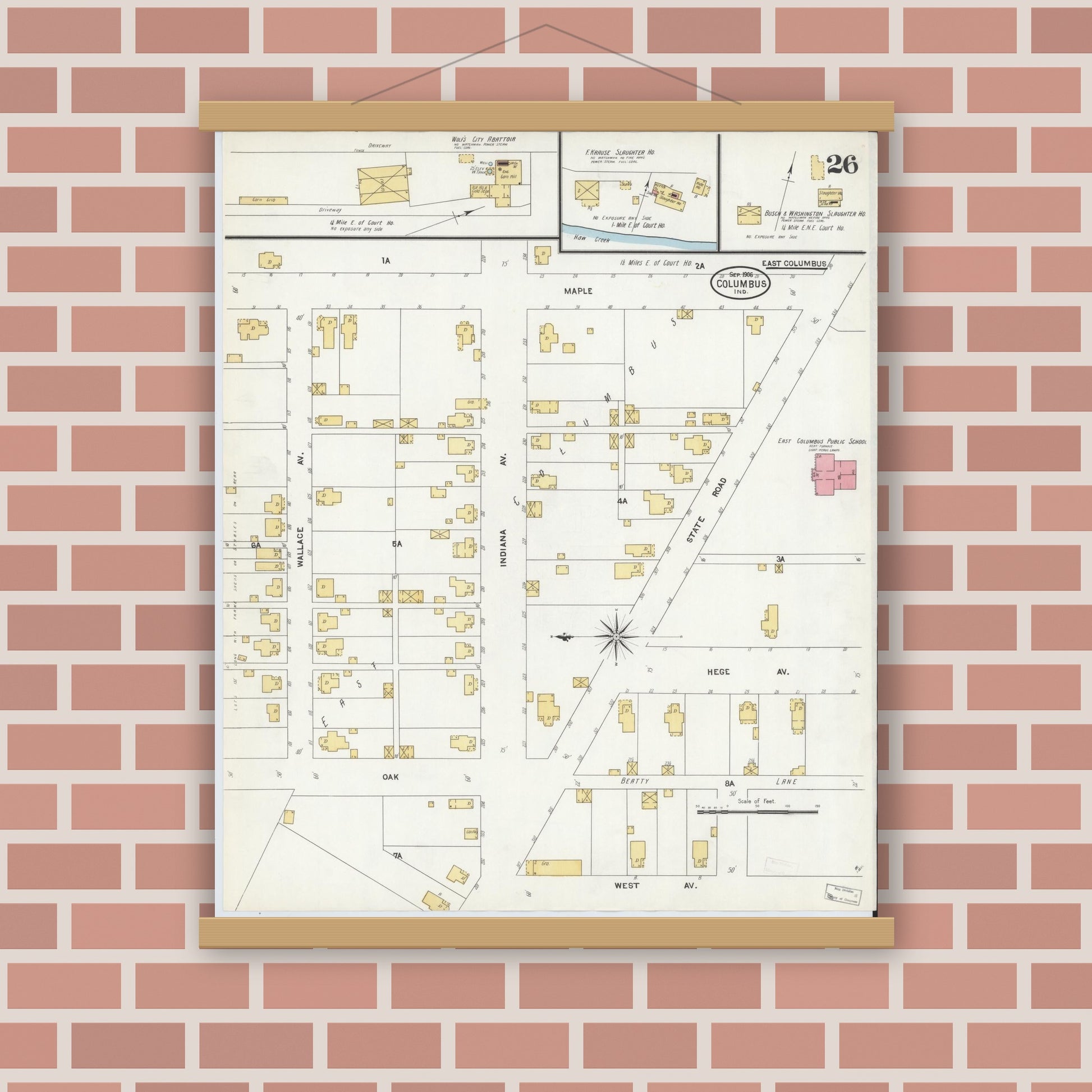 Old map wall art mockup — magnetic wood frame on brick wall — Sanborn Fire Insurance Map from Columbus, Bartholomew County, Indiana (1906), Sheet #0026