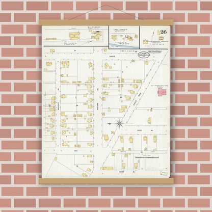 Old map wall art mockup — magnetic wood frame on brick wall — Sanborn Fire Insurance Map from Columbus, Bartholomew County, Indiana (1906), Sheet #0026