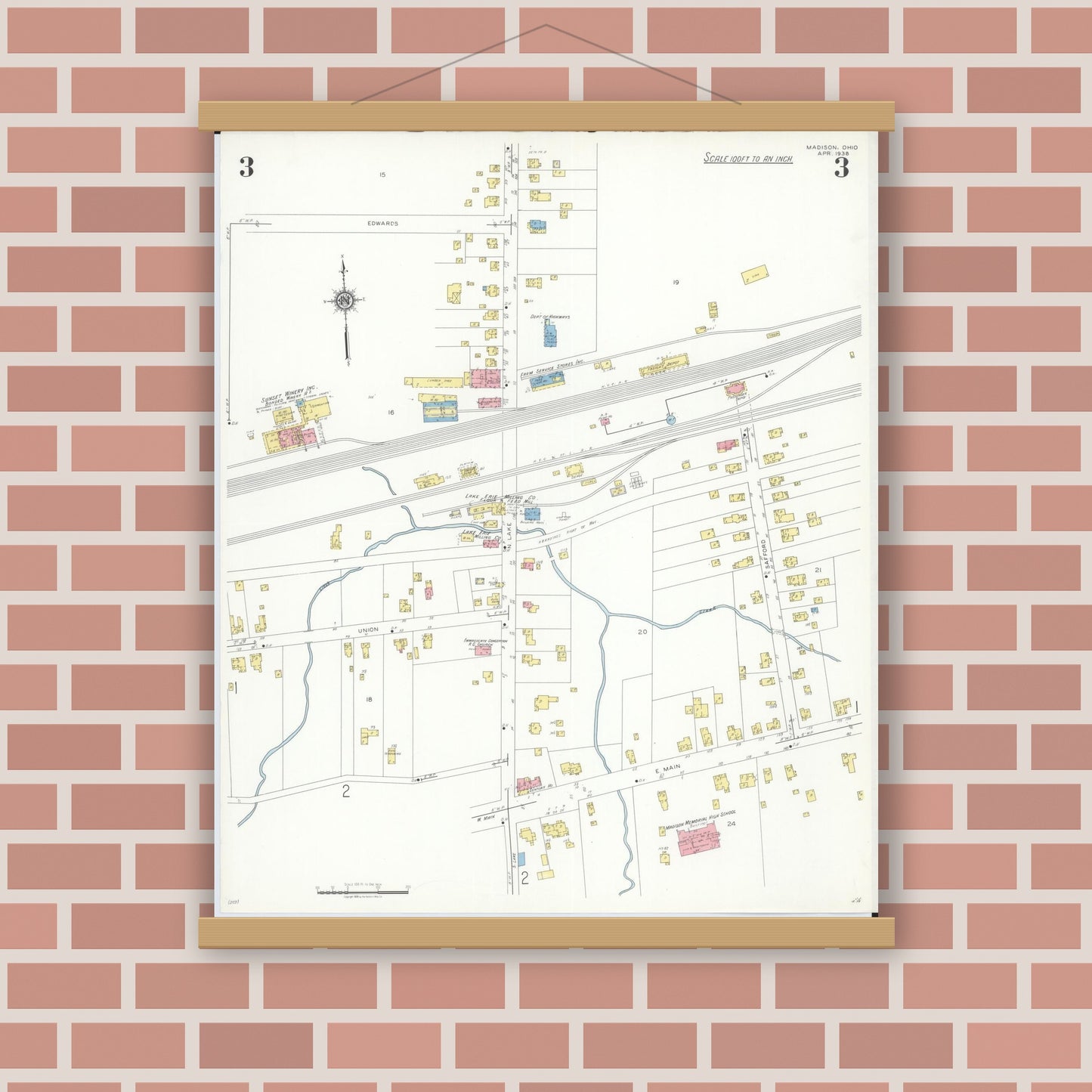 Old map wall art mockup — magnetic wood frame on brick wall — Sanborn Fire Insurance Map from Madison, Lake County, Ohio (1938), Sheet #0003