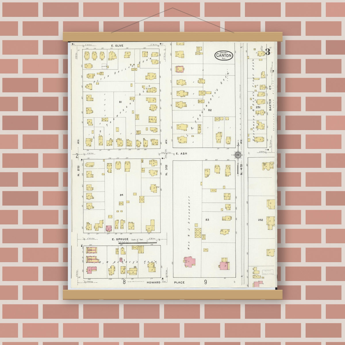 Old map wall art mockup — magnetic wood frame on brick wall — Sanborn Fire Insurance Map from Canton, Fulton County, Illinois (1917), Sheet #0003