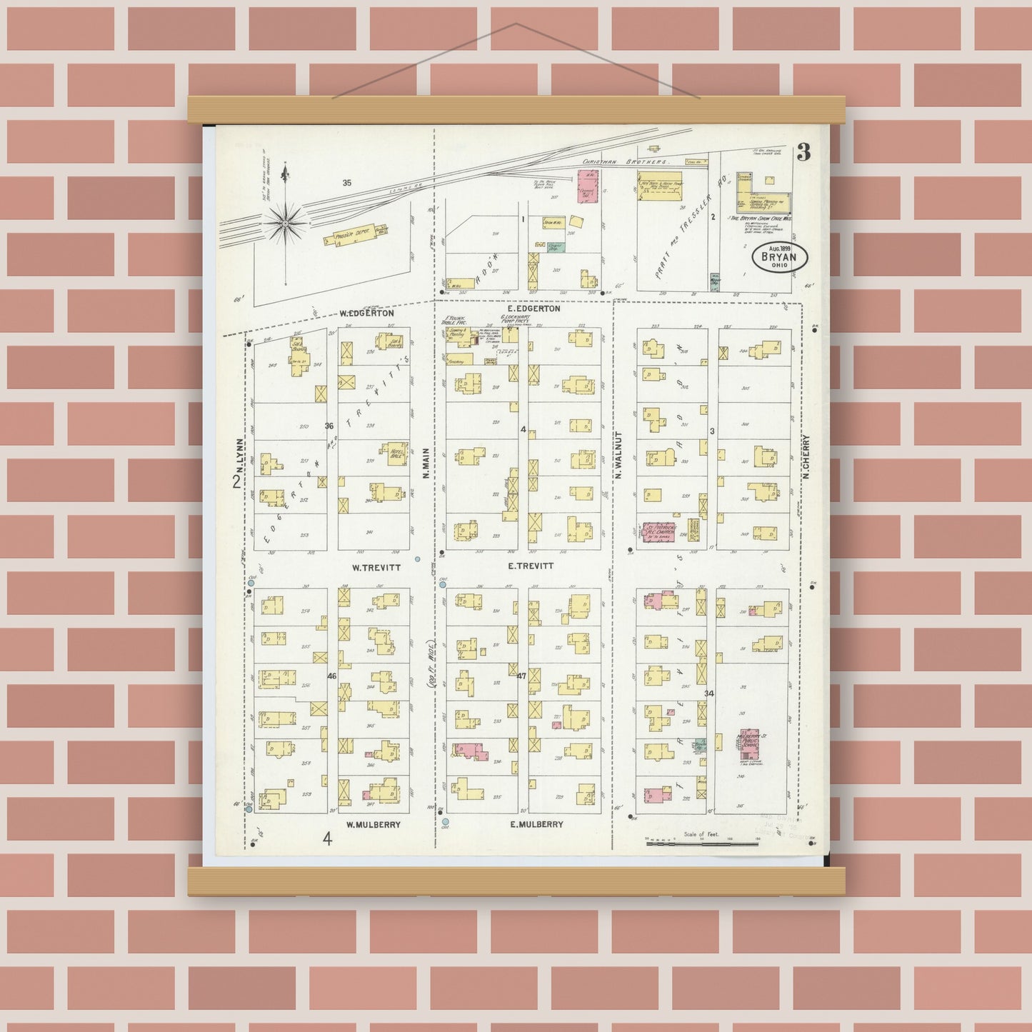 Old map wall art mockup — magnetic wood frame on brick wall — Sanborn Fire Insurance Map from Bryan, Williams County, Ohio (1899), Sheet #0003