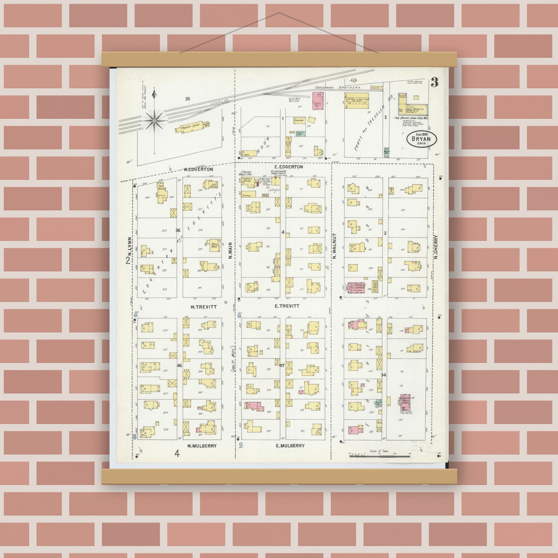 Old map wall art mockup — magnetic wood frame on brick wall — Sanborn Fire Insurance Map from Bryan, Williams County, Ohio (1899), Sheet #0003