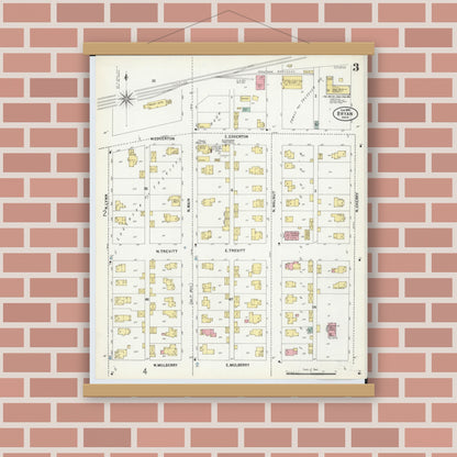 Old map wall art mockup — magnetic wood frame on brick wall — Sanborn Fire Insurance Map from Bryan, Williams County, Ohio (1899), Sheet #0003