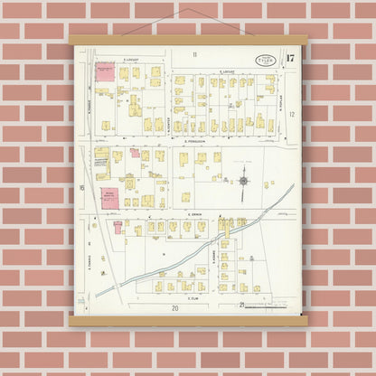 Old map wall art mockup — magnetic wood frame on brick wall — Sanborn Fire Insurance Map from Tyler, Smith County, Texas (1912), Sheet #0017