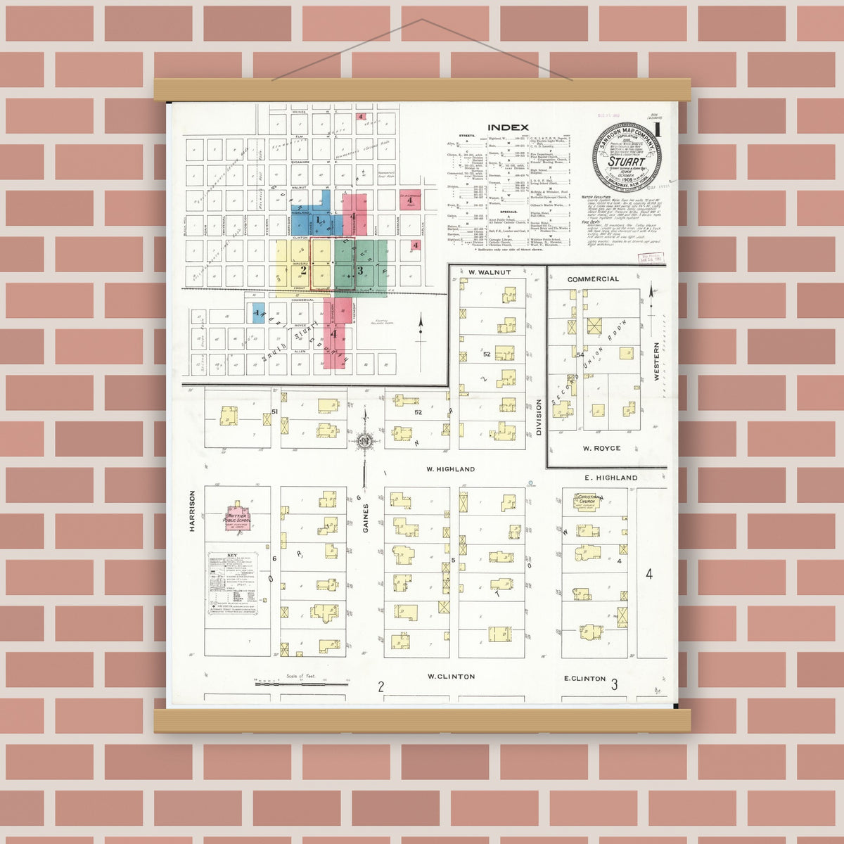 Old map wall art mockup — magnetic wood frame on brick wall — Sanborn Fire Insurance Map from Stuart, Guthrie and Adair Counties, Iowa (1909) â€” Complete Set