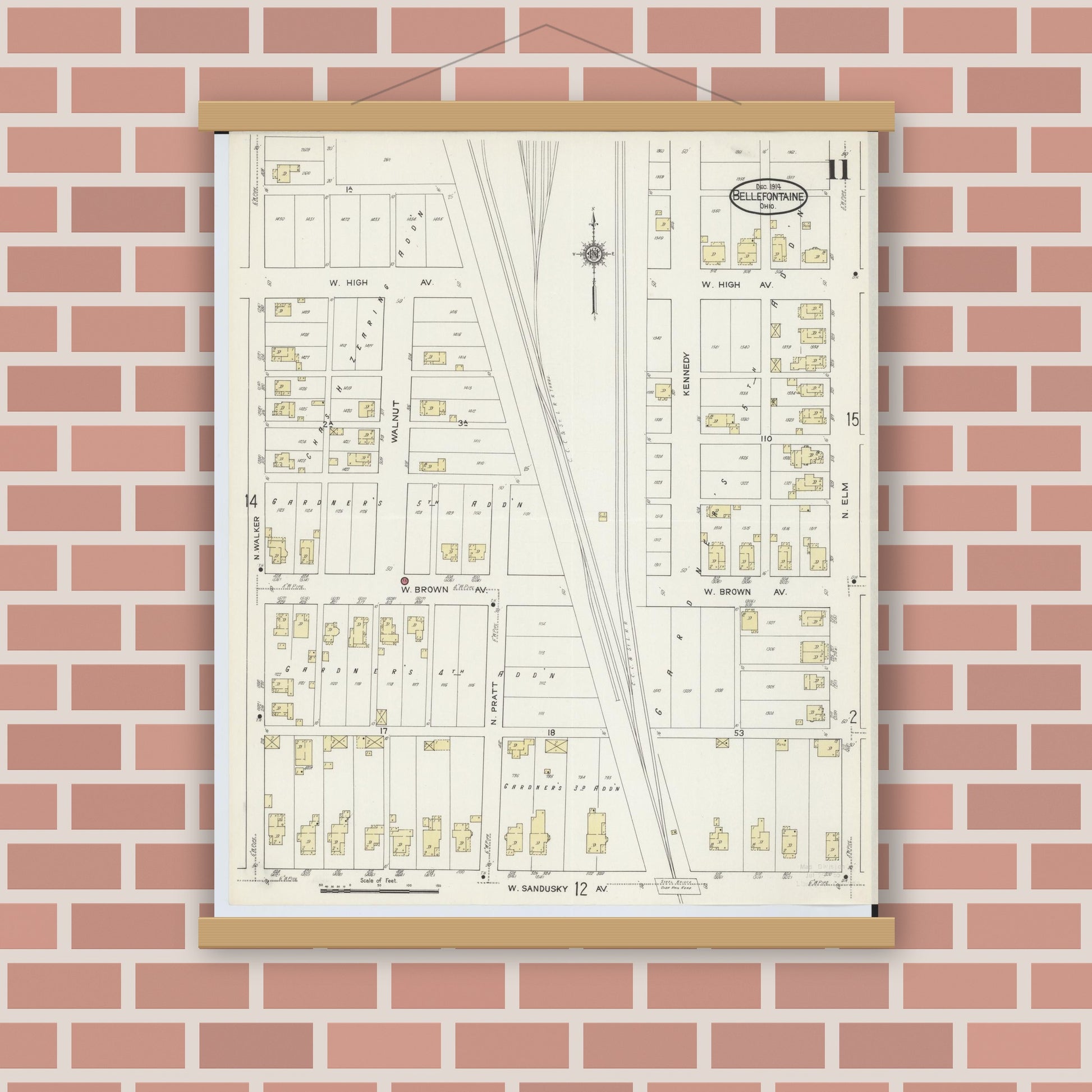 Old map wall art mockup — magnetic wood frame on brick wall — Sanborn Fire Insurance Map from Bellefontaine, Logan County, Ohio (1914), Sheet #0011