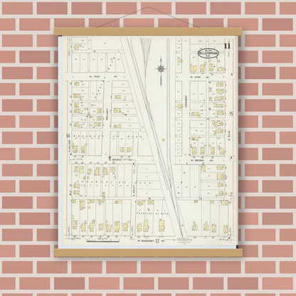 Old map wall art mockup — magnetic wood frame on brick wall — Sanborn Fire Insurance Map from Bellefontaine, Logan County, Ohio (1914), Sheet #0011