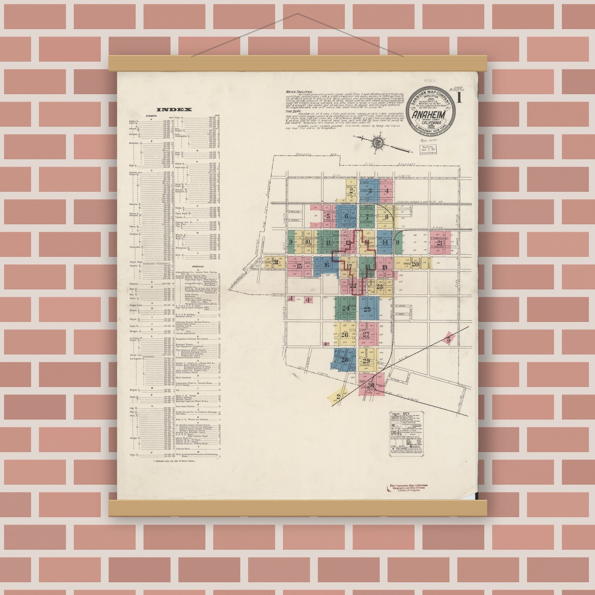 Old map wall art mockup — magnetic wood frame on brick wall — Sanborn Fire Insurance Map from Anaheim, Orange County, California (1922), Sheet #0001