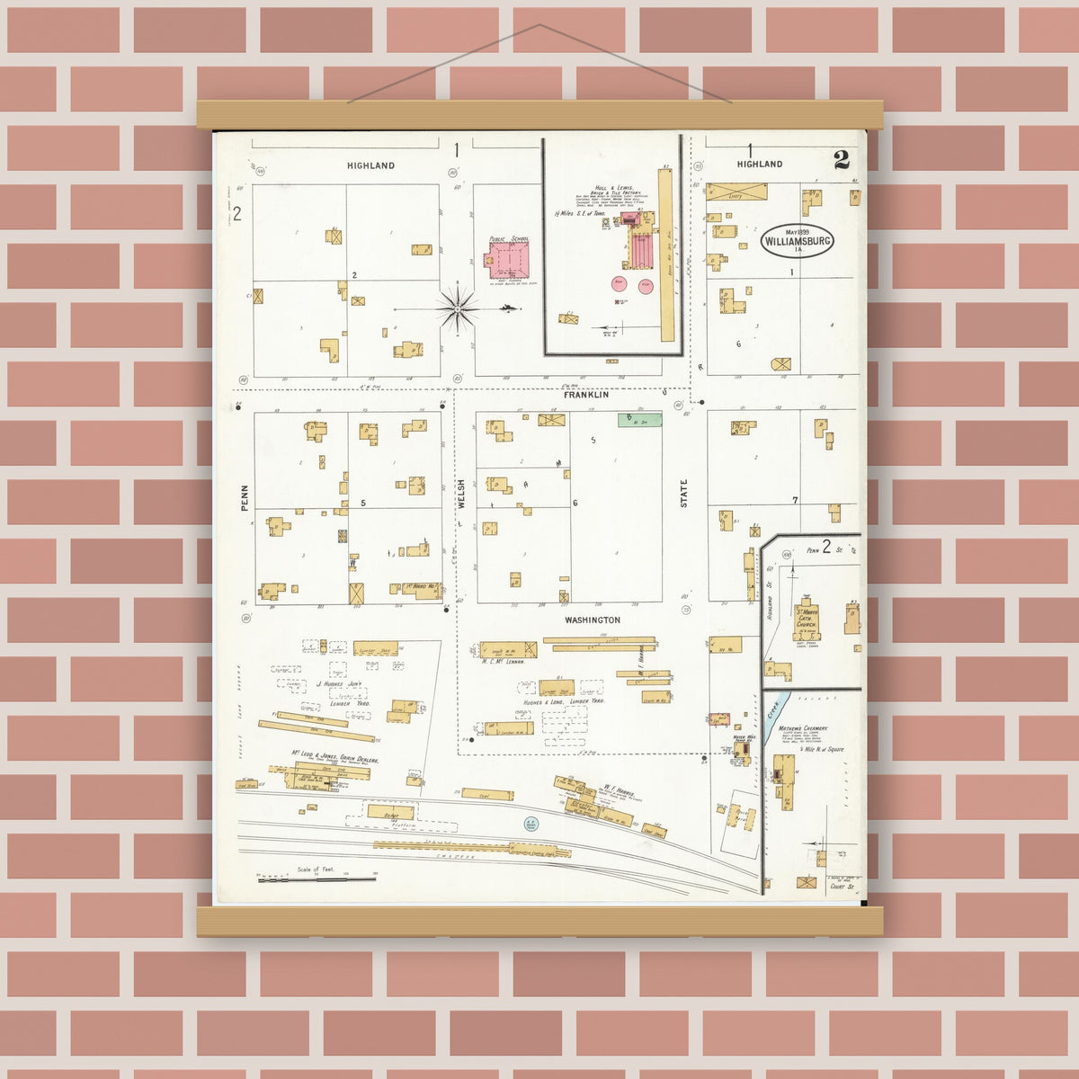 Old map wall art mockup — magnetic wood frame on brick wall — Sanborn Fire Insurance Map from Williamsburg, Iowa County, Iowa (1899), Sheet #0002