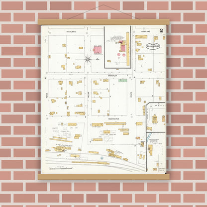 Old map wall art mockup — magnetic wood frame on brick wall — Sanborn Fire Insurance Map from Williamsburg, Iowa County, Iowa (1899), Sheet #0002