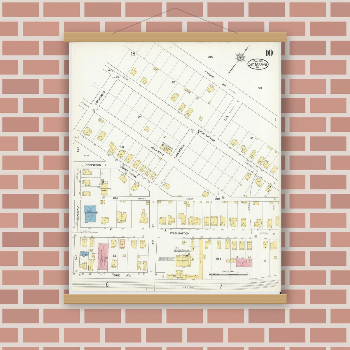 Old map wall art mockup — magnetic wood frame on brick wall — Sanborn Fire Insurance Map from Saint Marys, Elk County, Pennsylvania (1915), Sheet #0010
