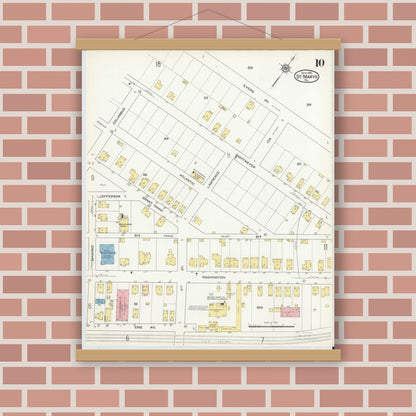 Old map wall art mockup — magnetic wood frame on brick wall — Sanborn Fire Insurance Map from Saint Marys, Elk County, Pennsylvania (1915), Sheet #0010
