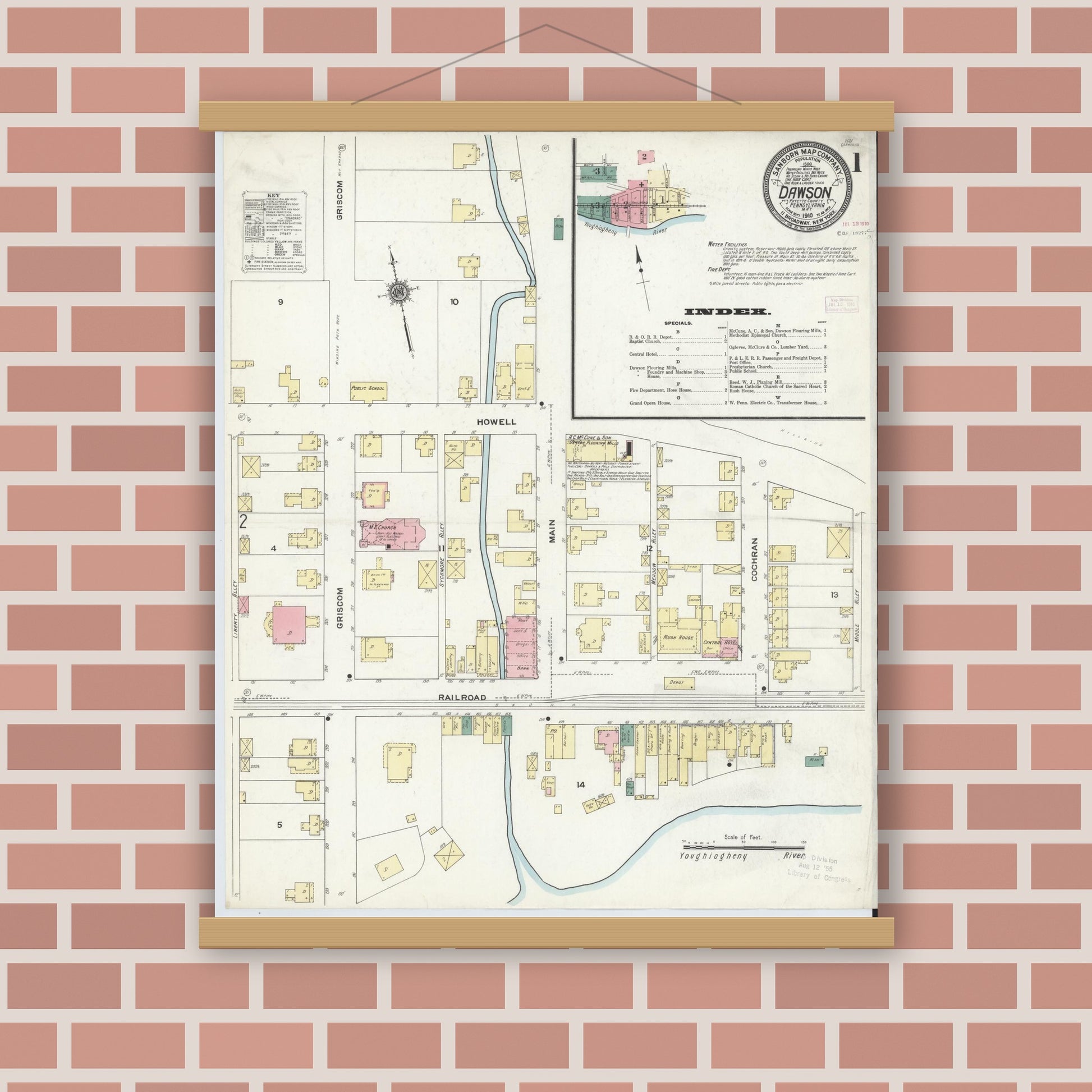 Old map wall art mockup — magnetic wood frame on brick wall — Sanborn Fire Insurance Map from Dawson, Fayette County, Pennsylvania (1910), Sheet #0001