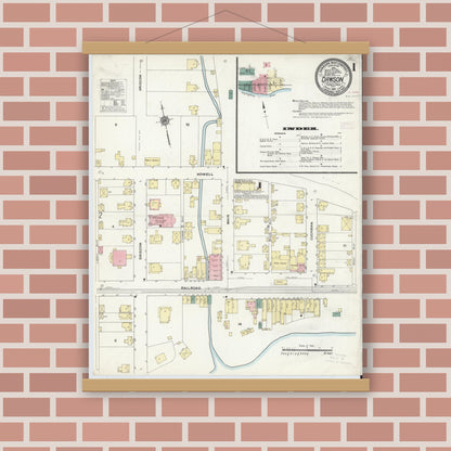 Old map wall art mockup — magnetic wood frame on brick wall — Sanborn Fire Insurance Map from Dawson, Fayette County, Pennsylvania (1910), Sheet #0001